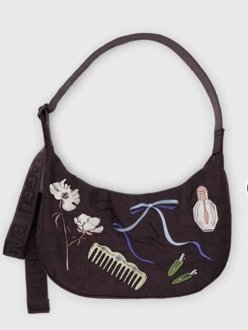 Baggu Get Ready With Me GRWM embroidered medium nylon crescent dark brown